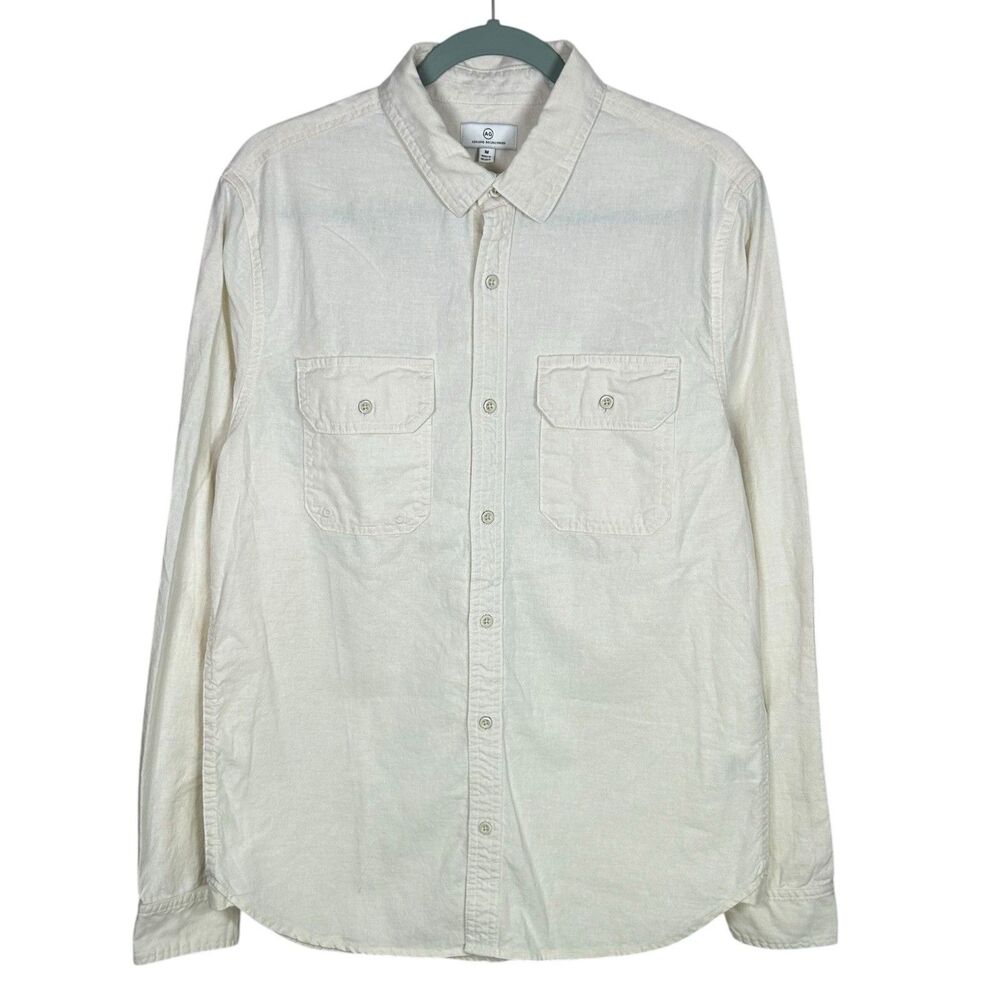 AG Adriano Goldschmied Benning Shirt Mens M Cream Linen Blend Button Down NEW